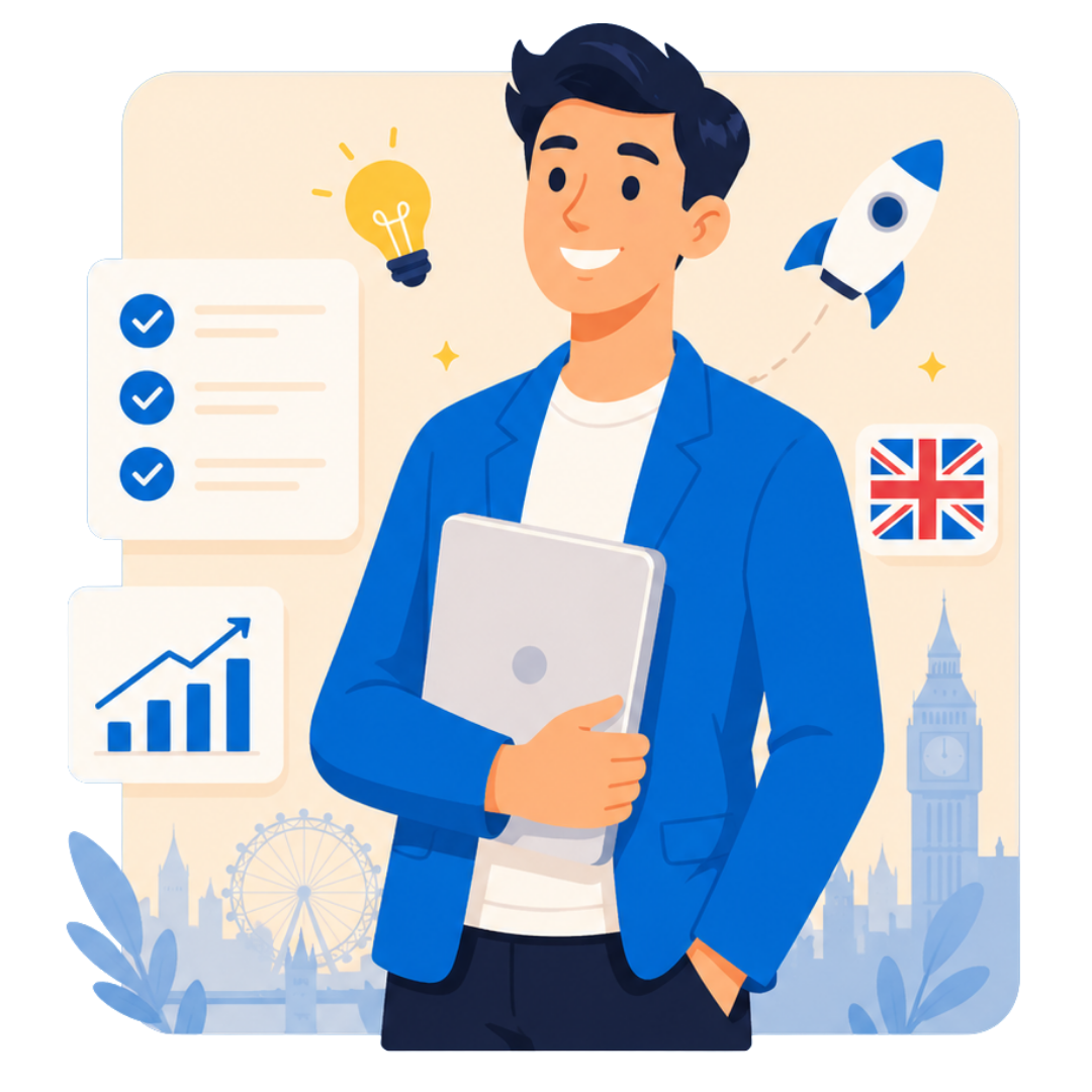Founder with laptop, UK flag, checklist and growth chart