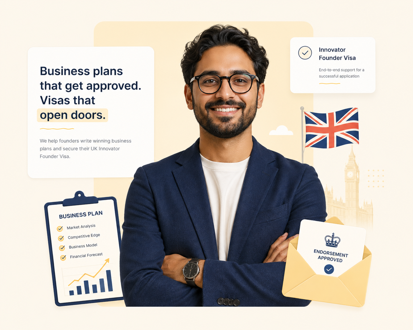 Founder with business plan, endorsement approval and UK visa documents